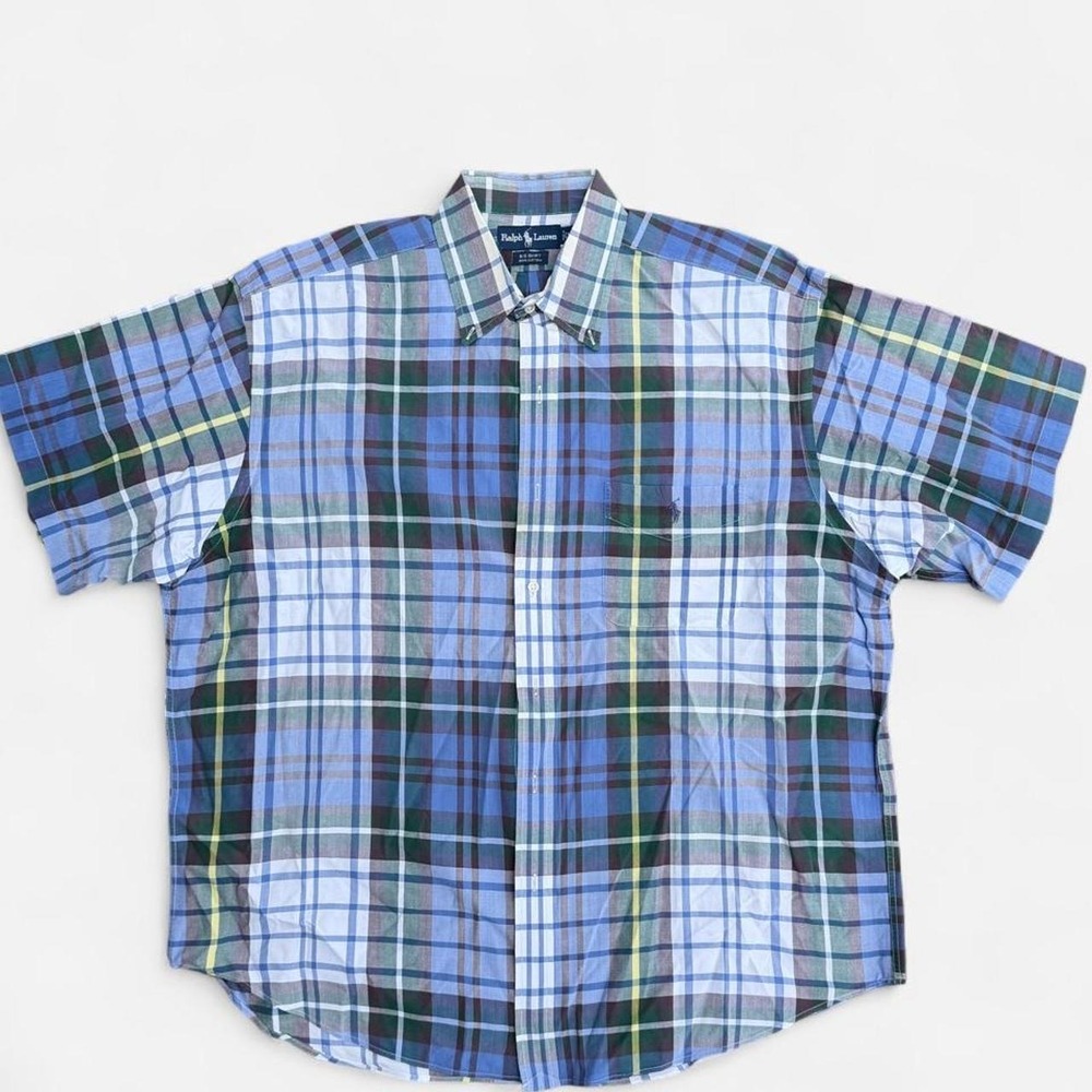 Ralph Lauren Big Shirt Mens XL Blue Green Plaid Short Sleeve Button Up Cotton